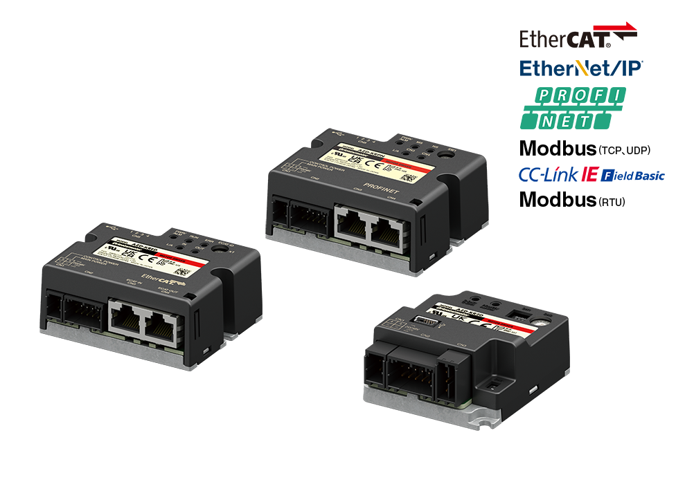 產品陣容備有3款工業用小型驅動器模組，支援 EtherCAT、EtherNet/IP、PROFINET、Modbus 以及 CC-Link IE Field Basic 等多種通訊協定。