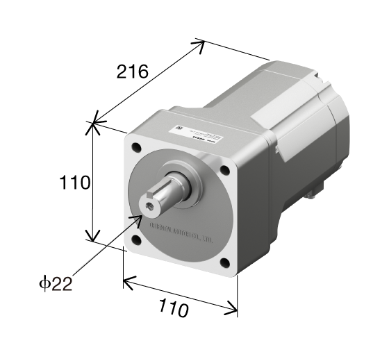 馬達外形圖。馬達本體的3D斜視圖。外觀呈長方體，高110 mm、深216 mm、寬110 mm，前端帶有直徑22 mm 的出力軸。各項尺寸均以箭頭與數值清楚標示。