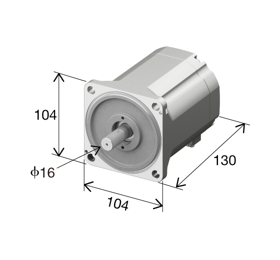 馬達外形圖。馬達本體的3D立體斜視圖。尺寸標示為高104 mm、寬104 mm、深130 mm，前端配有直徑16 mm 的出力軸。各項尺寸均以箭頭與數值清楚標示。