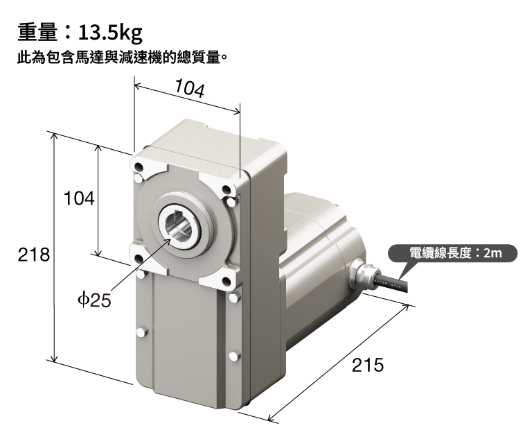馬達尺寸（218 x 104 x 215 mm，ϕ25 mm出力軸，13.5 kg，電纜線2 m），包括馬達和減速機箱在內的重量。