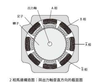 2相馬達構造圖：與出力軸垂直方向的截面圖